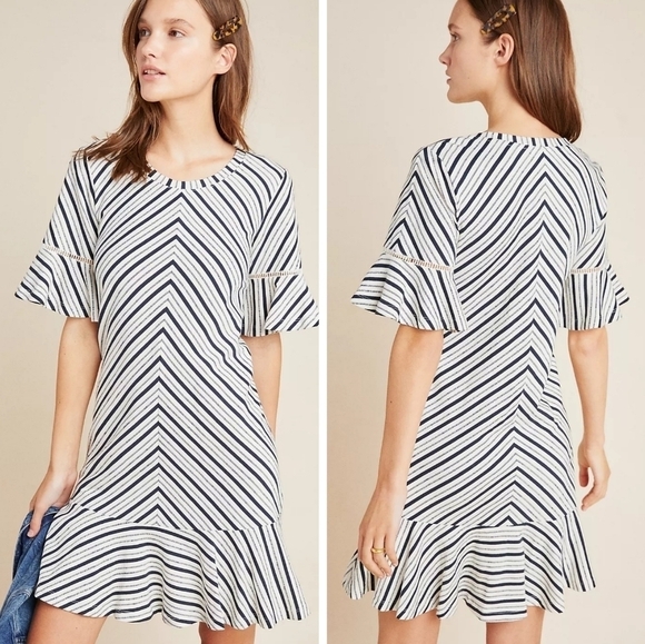 Anthropologie Maeve Black White Galena Flounced Tunic Striped Mini Dress XS - Picture 1 of 4